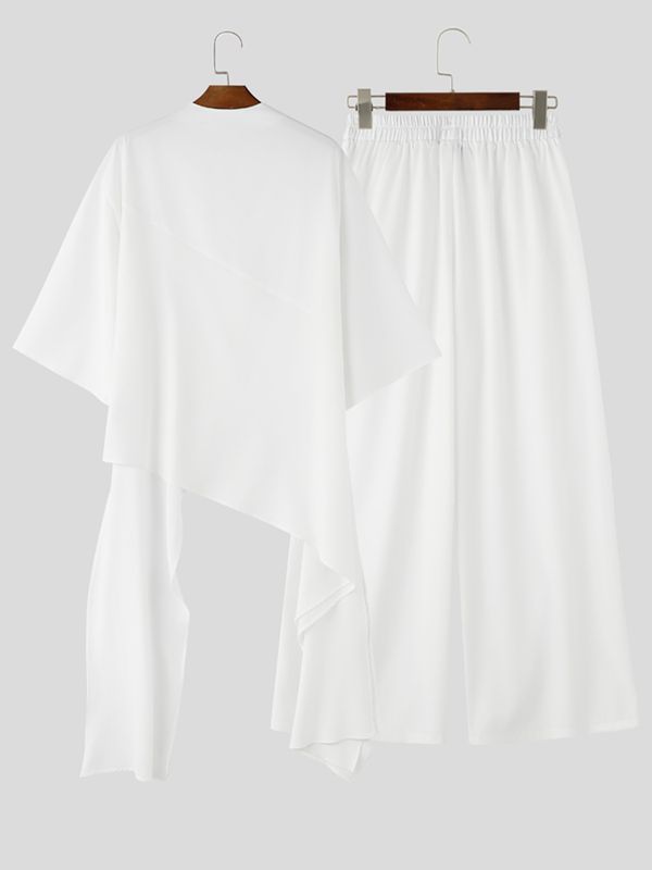 Men's Avant-Garde Minimalist Mock Neck Asymmetrical Draped Two Pieces Outfit SKUL73622
