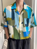 Mens Colorful Color Block Print Revere Collar Shirt SKUK54522