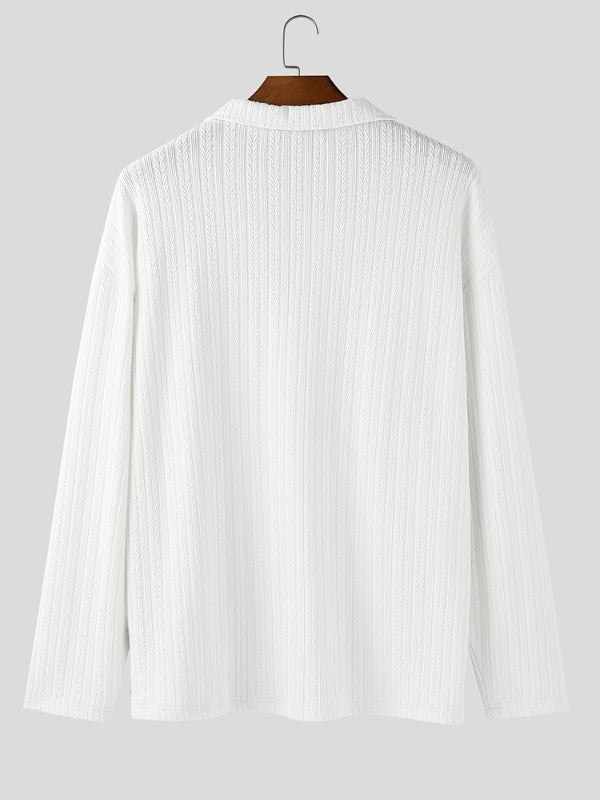 Men's Solid Color Textured Lapel Long Sleeve Shirt SKUL31645