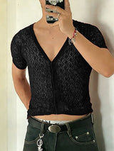 Men's Hollow Sheer V Neck Short Sleeve T-shirt SKUL54434