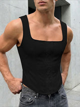 Men's Avant-Garde Lace Panel Square Neck Slim Fit Cropped Corset Tank SKUL65421