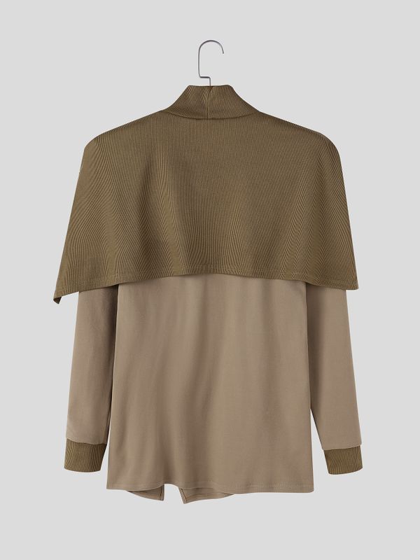 Men's Avant-Garde Buckle Strap Cape Overlay Asymmetric Hem Long Sleeve Mock Neck T-shirt SKUL82399