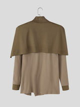 Men's Avant-Garde Buckle Strap Cape Overlay Asymmetric Hem Long Sleeve Mock Neck T-shirt SKUL82399