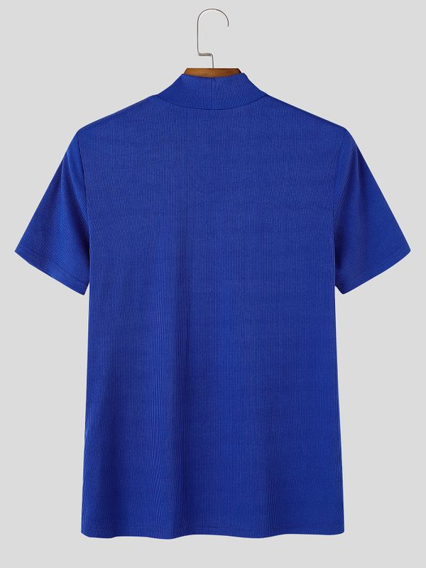 Men's Clean Fit Cocktail Party Fine Ribbed High Stretch Crystal Detail Fitted Short Sleeve Mock Neck T-shirt SKUL83260