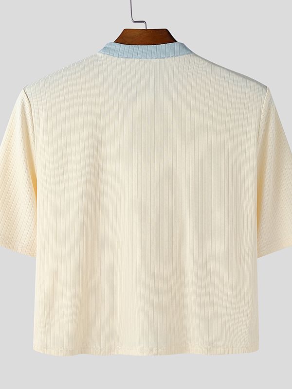 Men's Textured Contrast Color Cropped Short Sleeve T-shirt SKUL47901