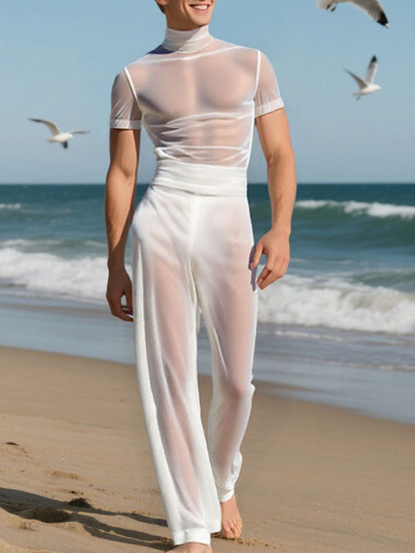 Mens Solid Color Sheer Mesh Two Pieces Outfit SKUL11902