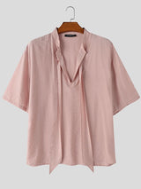 Men's French Romanticism Integrated Hanging Ribbon Drapes Deep V-Neck Shirt SKUL74831