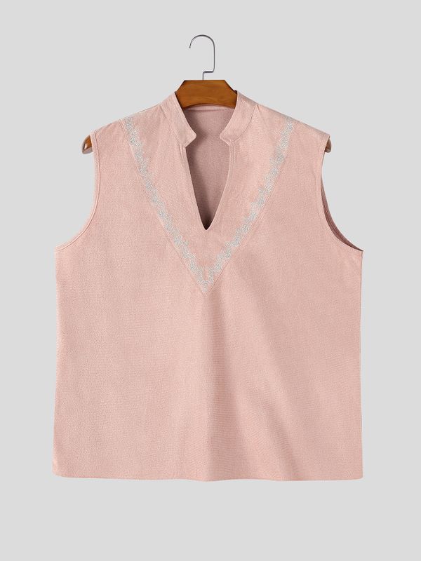 Men's Retro Resort Floral Print Faux Suede Split V-Neck Sleeveless Stand Collar Shirt SKUL78247