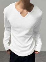 Men's Solid Color Minimalist U-Neck Long Sleeve T-Shirt SKUL43882