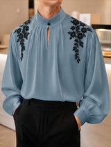 Men's Retro Contrast Floral Embroidery Keyhole Cutout Bishop Long Sleeve Stand Collar Shirt SKUL81112