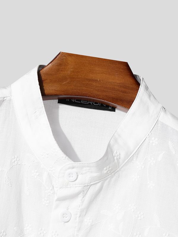 Men's Minimalist Floral Jacquard Stand Collar Cropped Short Sleeve Shirt SKUL75669