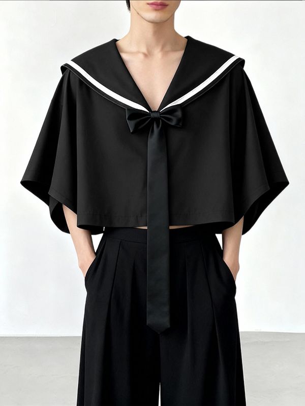 Men's Solid Color Sailor Collar Cropped Short Sleeve Shirt SKUL45413