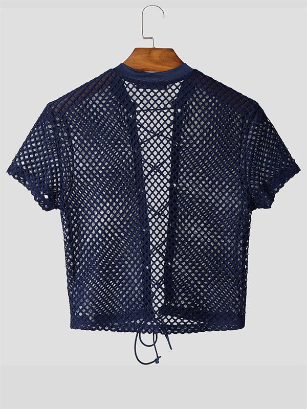 Men's Sheer Mesh Lace-Up Cross Cropped Short Sleeve T-Shirt SKUL16796