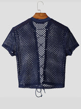 Men's Sheer Mesh Lace-Up Cross Cropped Short Sleeve T-Shirt SKUL16796