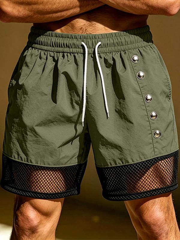 Men's Streetwear Button Decor Mesh Splicing Short SKUL63637