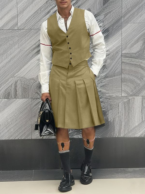 Men's Solid Color Pleated Skirt Two Pieces Outfit SKUL41268