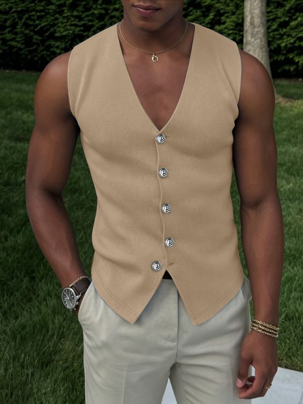 Men's Smart-Casual V-Neck Ribbed Knit Button-Down Waistcoat SKUL76360