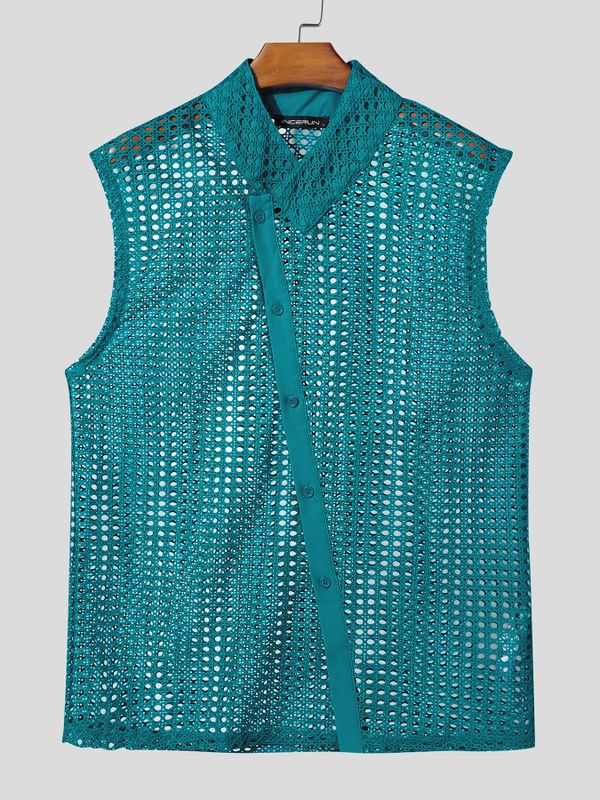 Men's Asymmetrical Diagonal Button Mesh Shirt SKUL60737