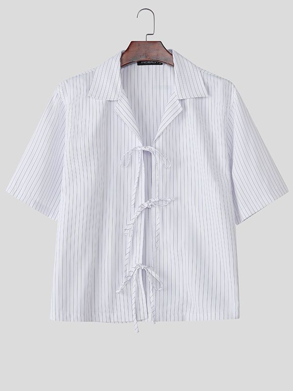 Men's Lace Up Patchwork Striped Short Sleeve Shirt SKUL39009