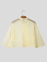 Men's Vintage Modern Chinese Mandarin Collar Sheer Mesh Cropped Frog Button Short Sleeve Shirt SKUL67081