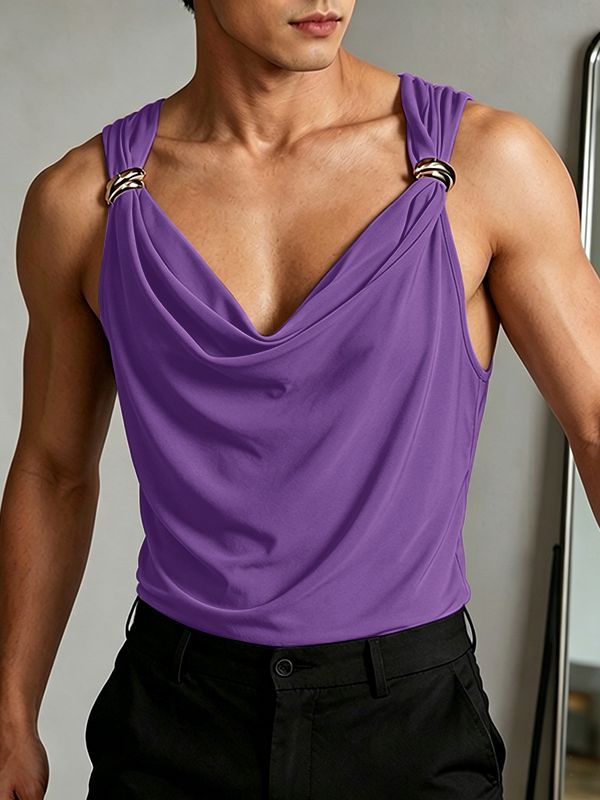 Men's Avant-Garde High-Street Aesthetic Double Metal Rings Cowl Neck Fitted Tank SKUL69205