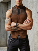 Men's Cyberpunk Streetwear Slim Fit Mesh Patchwork Multi Zipper Halter Mock Neck Tank SKUL63646