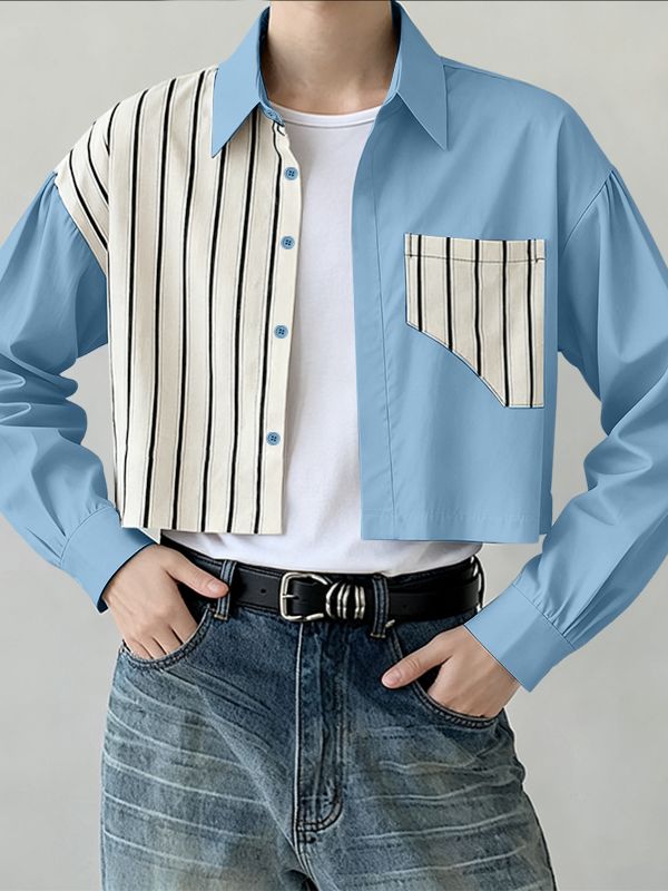 Men's Stripe Patchwork Contrast Color Cropped Short Sleeve Shirt SKUL41292