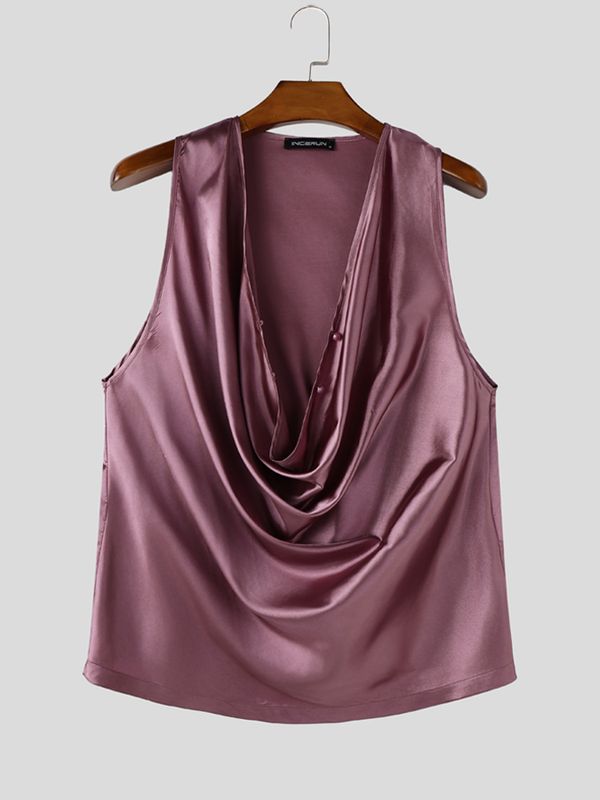 Men's High-End Party Silky Satin Draped Deep Cowl Neck Tank SKUL71414