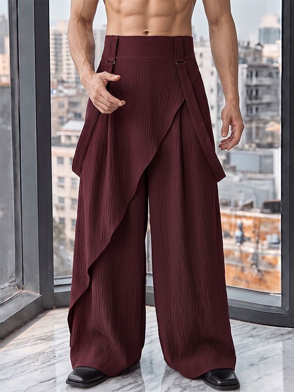 Men's Zen Minimalist Art Exhibition Asymmetric Wrap Overlay High-Waist Wide-Leg Pant SKUL85945