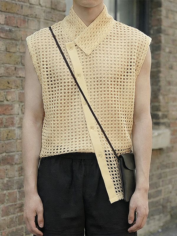 Men's Asymmetrical Diagonal Button Mesh Shirt SKUL60737