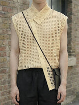 Men's Asymmetrical Diagonal Button Mesh Shirt SKUL60737