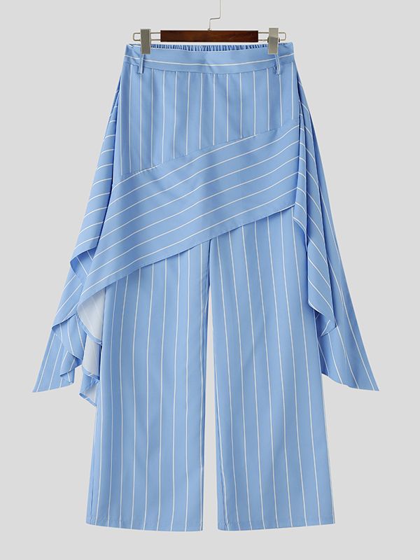 Men's Avant-Garde Asymmetric Pinstripe Skirted Layered Wide-Leg Pant SKUL65878