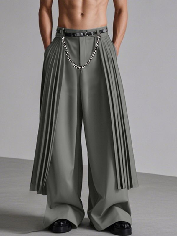 Men's Pleated Layered Chain Decor Wide Leg Pant SKUL35116