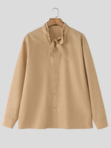 Men's Solid Bow Tie Casual Long Sleeve Shirt SKUL30777