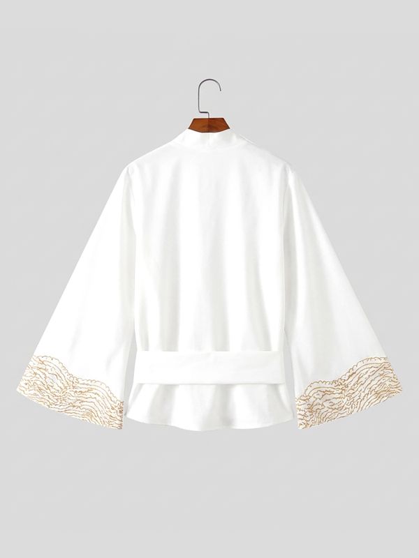 Men's Retro Resort Wave Embroidery Belted Wide Long Sleeve V-Neck Cardigan SKUL78345