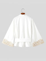 Men's Retro Resort Wave Embroidery Belted Wide Long Sleeve V-Neck Cardigan SKUL78345