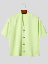 Men's Japanese Vintage Placid V-Neck Textured Cotton-Linen Boxy Cropped Short Sleeve Shirt SKUL69067