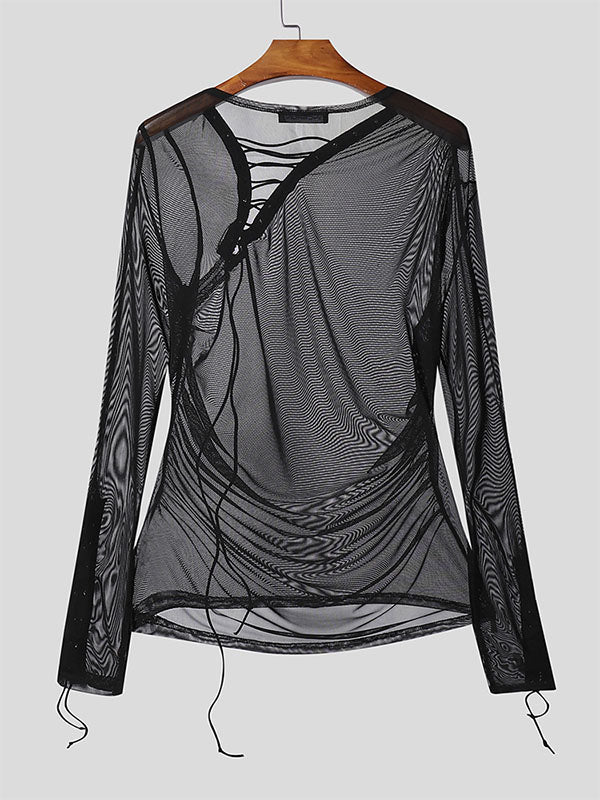 Men's Sheer Mesh Eyelet Long Sleeve T-Shirt SKUL24799