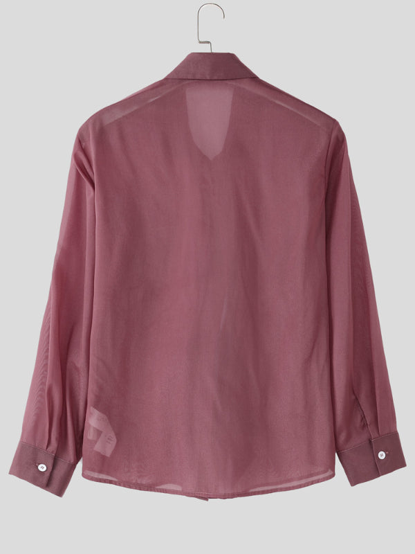 Men's Striped Lace-Up Patchwork Sheer Chiffon Long Sleeve Shirt SKUL23734