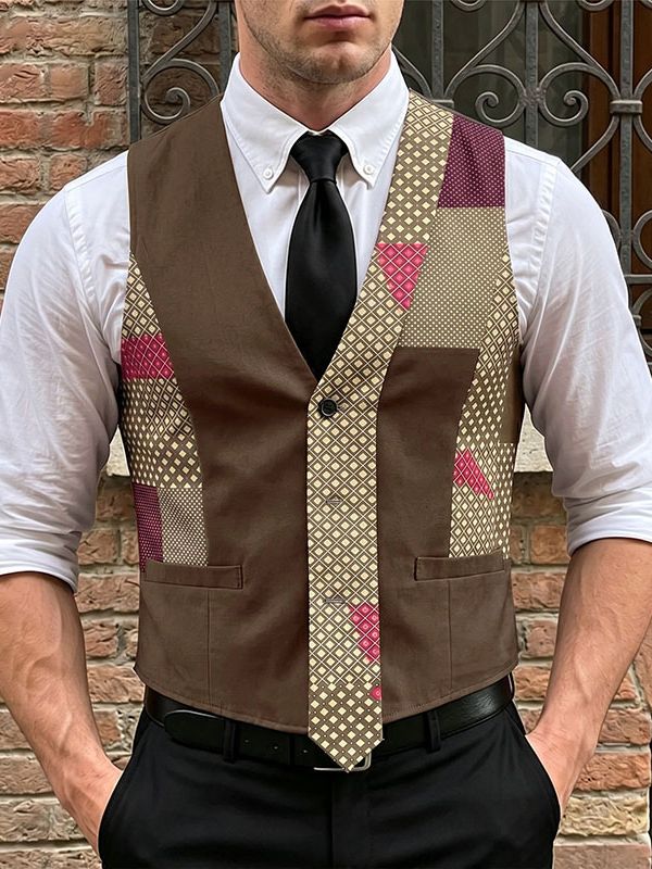 Men's Vintage Patchwork Faux-Tie Tailored Suit Waistcoat SKUL66931