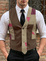Men's Vintage Patchwork Faux-Tie Tailored Suit Waistcoat SKUL66931