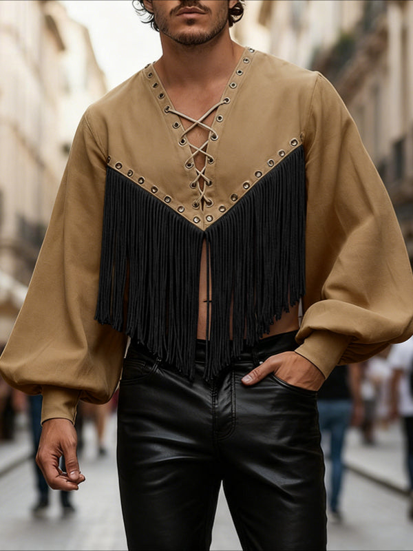 Men's Tassel Patchwork Cropped Long Sleeve T-shirt SKUL47932