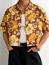 Men's Vintage Floral Botanical Print Cropped Short Sleeve Resort Shirt SKUL68331