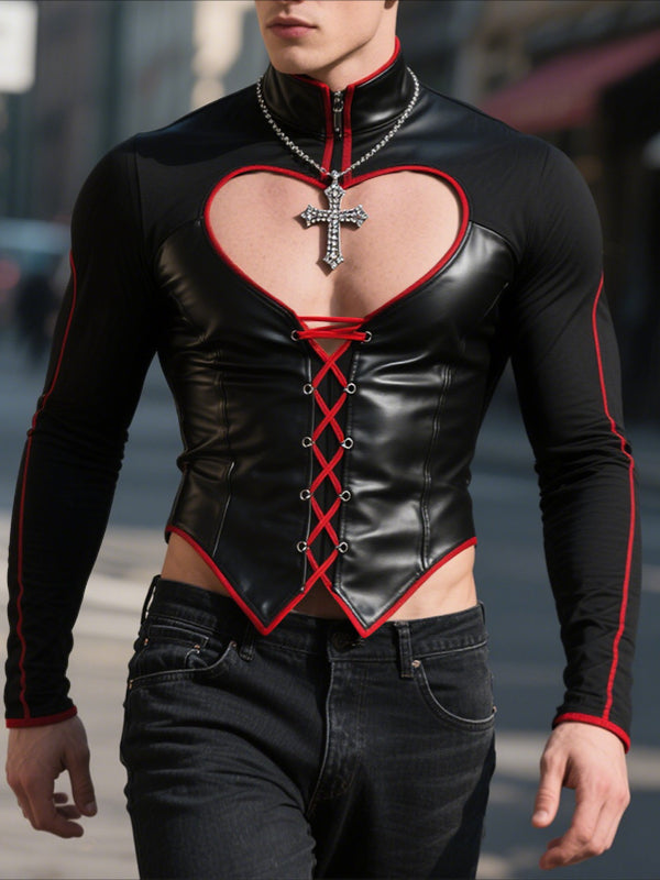 Men's Heart Cutout Knit Colorblock Long Sleeve T-Shirt SKUL30333