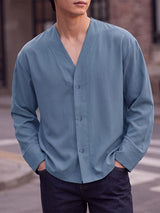 Men's Urban Casual Collarless Deep-V Snap Button Long Sleeve Shirt SKUL79088
