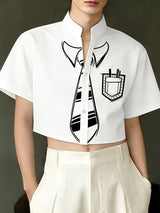 Men's Avant-Garde Trompe L'oeil Tie Print Deconstructed Mandarin Collar Cropped Short Sleeve Shirt SKUL65900
