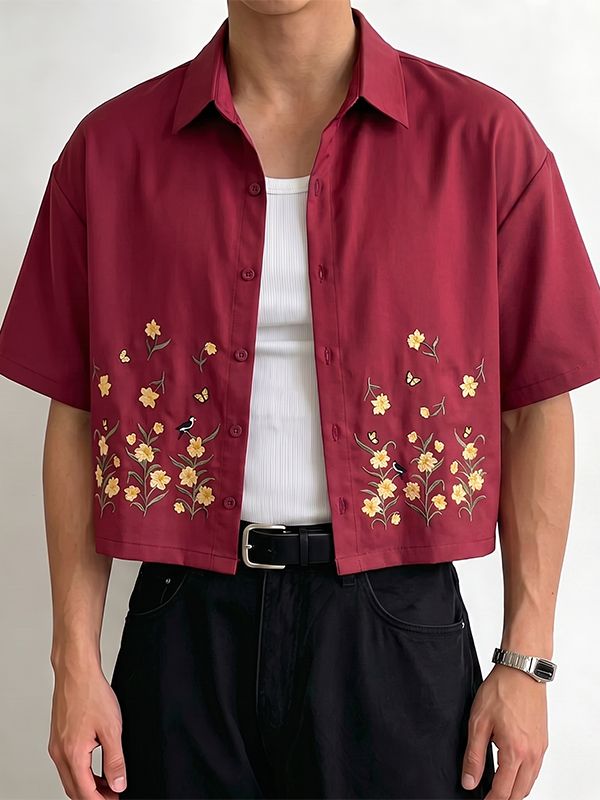 Men's Japanese Casual Boxy Cropped Floral Print Short Sleeve Shirt SKUL74583
