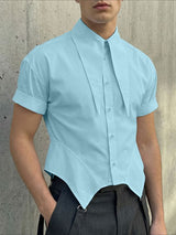 Men's Extra-Long Pointed Collar Asymmetrical Cropped Short Sleeve Shirt SKUL61699