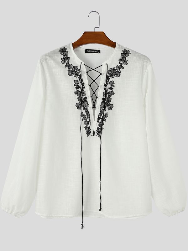 Men's Retro Resort Floral Embroidery Lace-Up Lantern Long Sleeve V-Neck Shirt SKUL79730