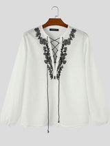 Men's Retro Resort Floral Embroidery Lace-Up Lantern Long Sleeve V-Neck Shirt SKUL79730